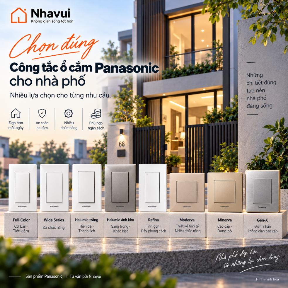 Các dòng công tắc ổ cắm Panasonic cho nhà phố – So sánh Full Color, Wide, Halumie, Refina, Moderva, Minerva và Gen-X