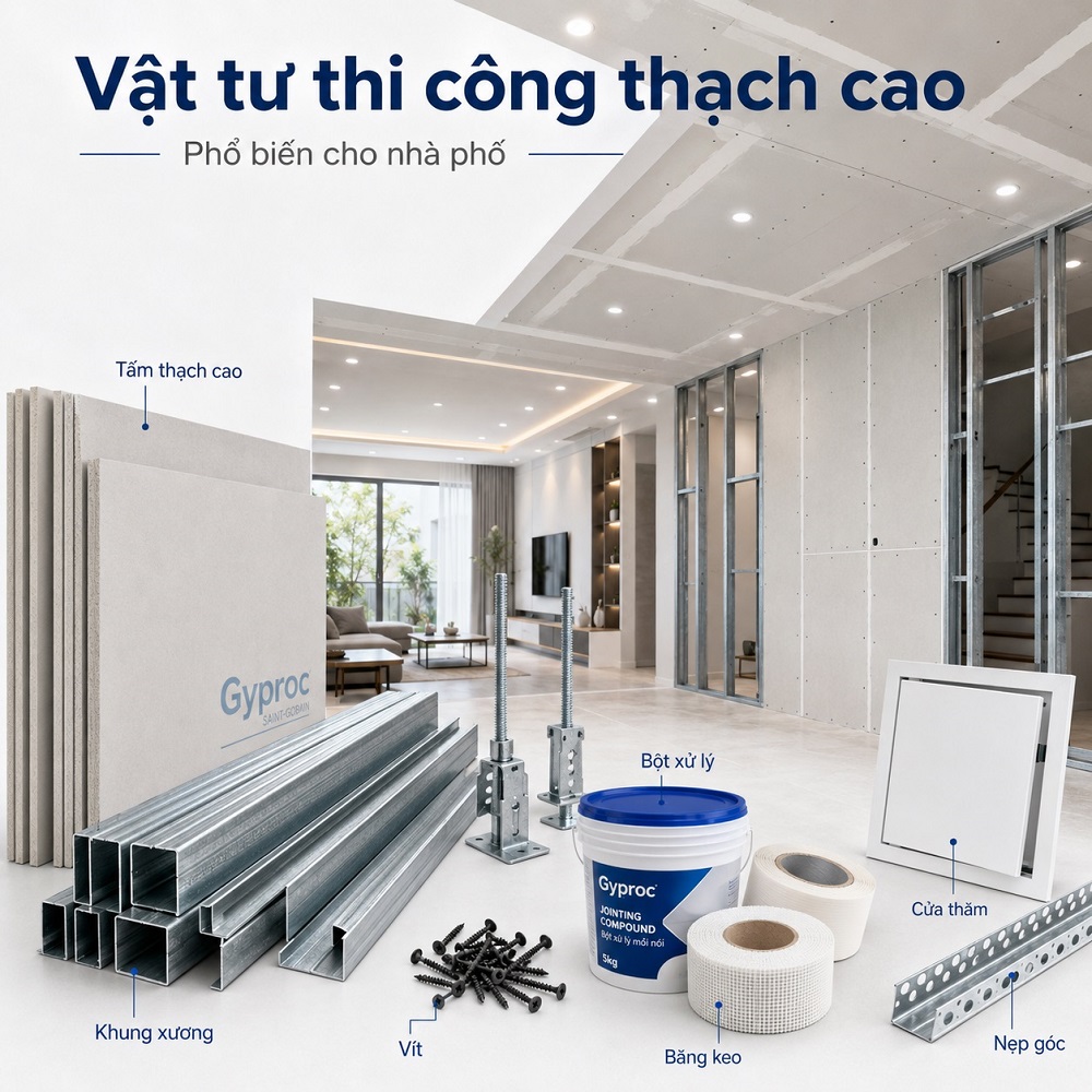 Các loại vật tư thi công thạch cao phổ biến cho nhà phố