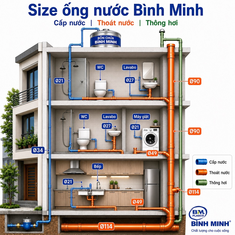 Các size ống nước Bình Minh phổ biến cho nhà phố và công dụng từng loại