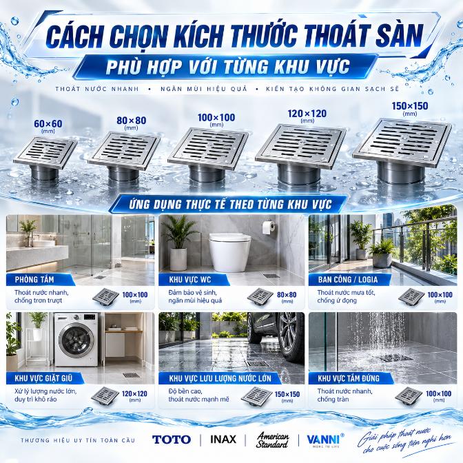 Cách chọn kích thước thoát sàn phù hợp với từng khu vực
