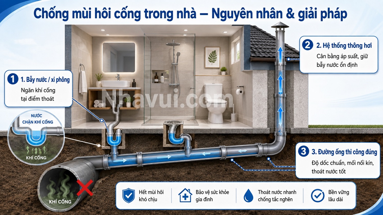 Chống mùi hôi cống trong nhà — Nguyên nhân & giải pháp