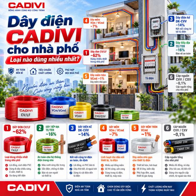 Dây điện Cadivi cho nhà phố: chọn loại nào, tiết diện bao nhiêu?
