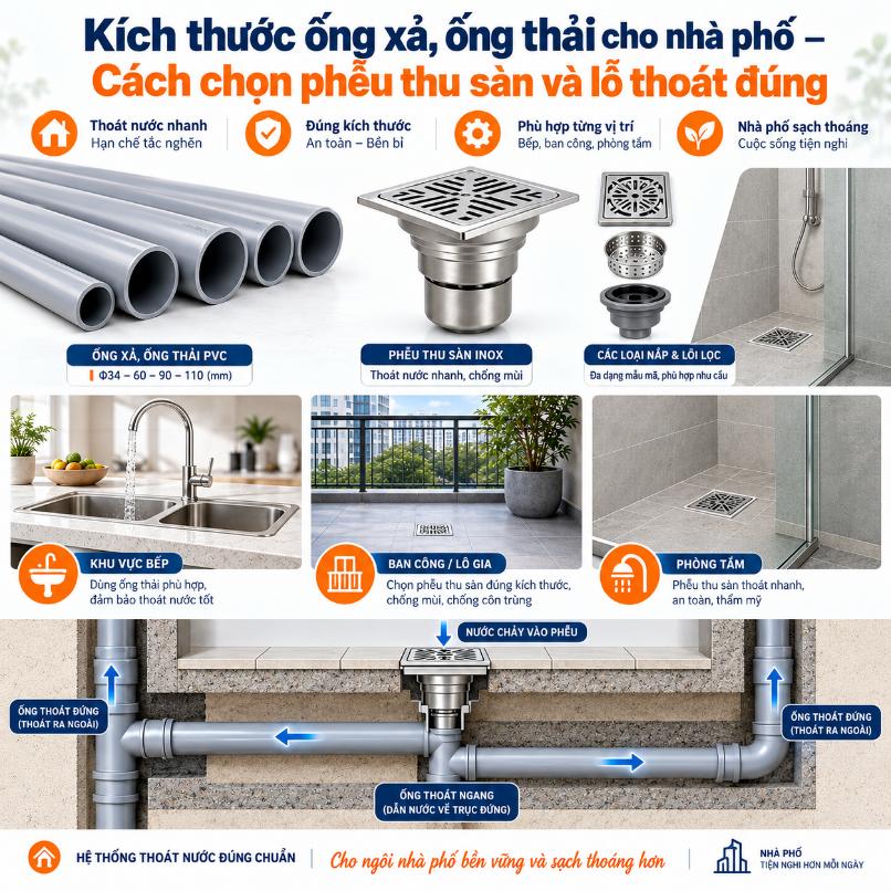 Kích thước ống xả, ống thải cho nhà phố – Cách chọn phễu thu sàn và đường ống phù hợp