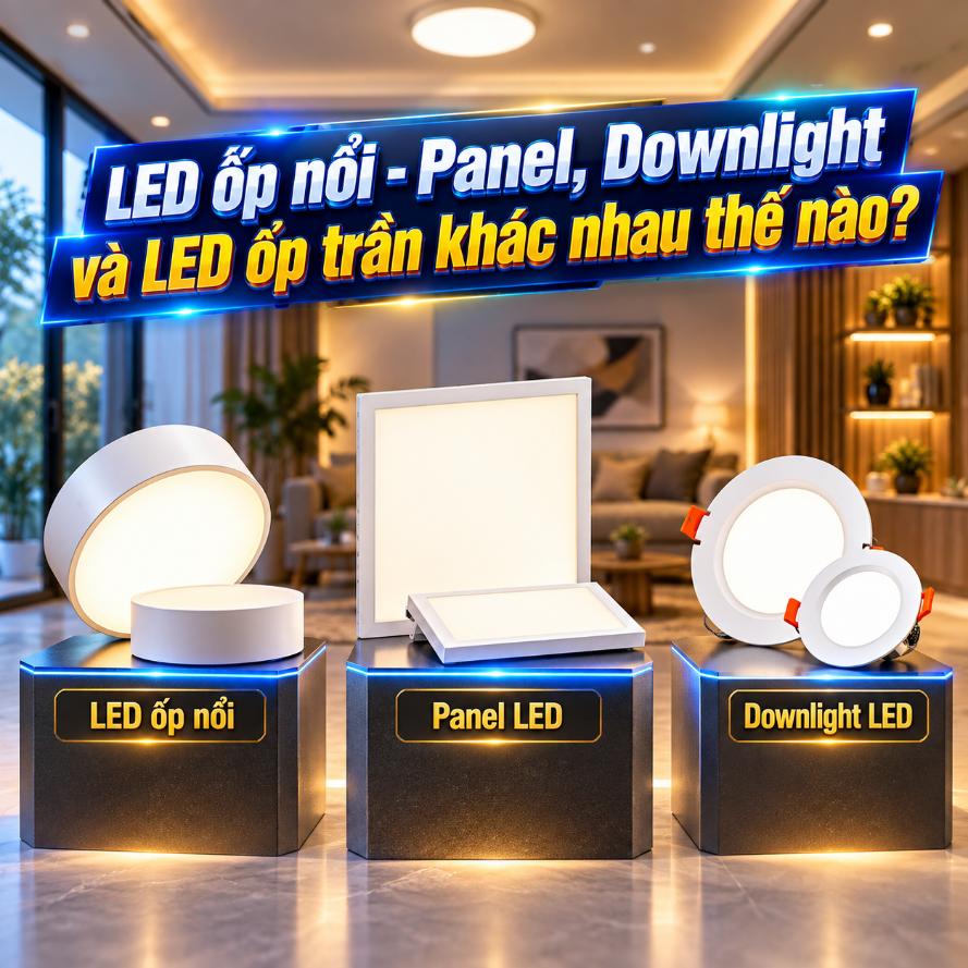 LED ốp nổi MPE – Panel, Downlight và LED ốp trần khác nhau thế nào?