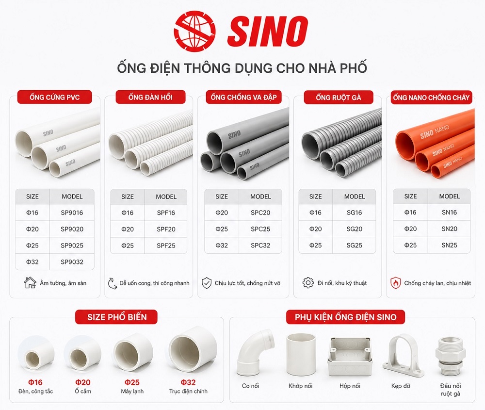 Ống điện Sino thông dụng cho nhà phố và các seri phổ biến