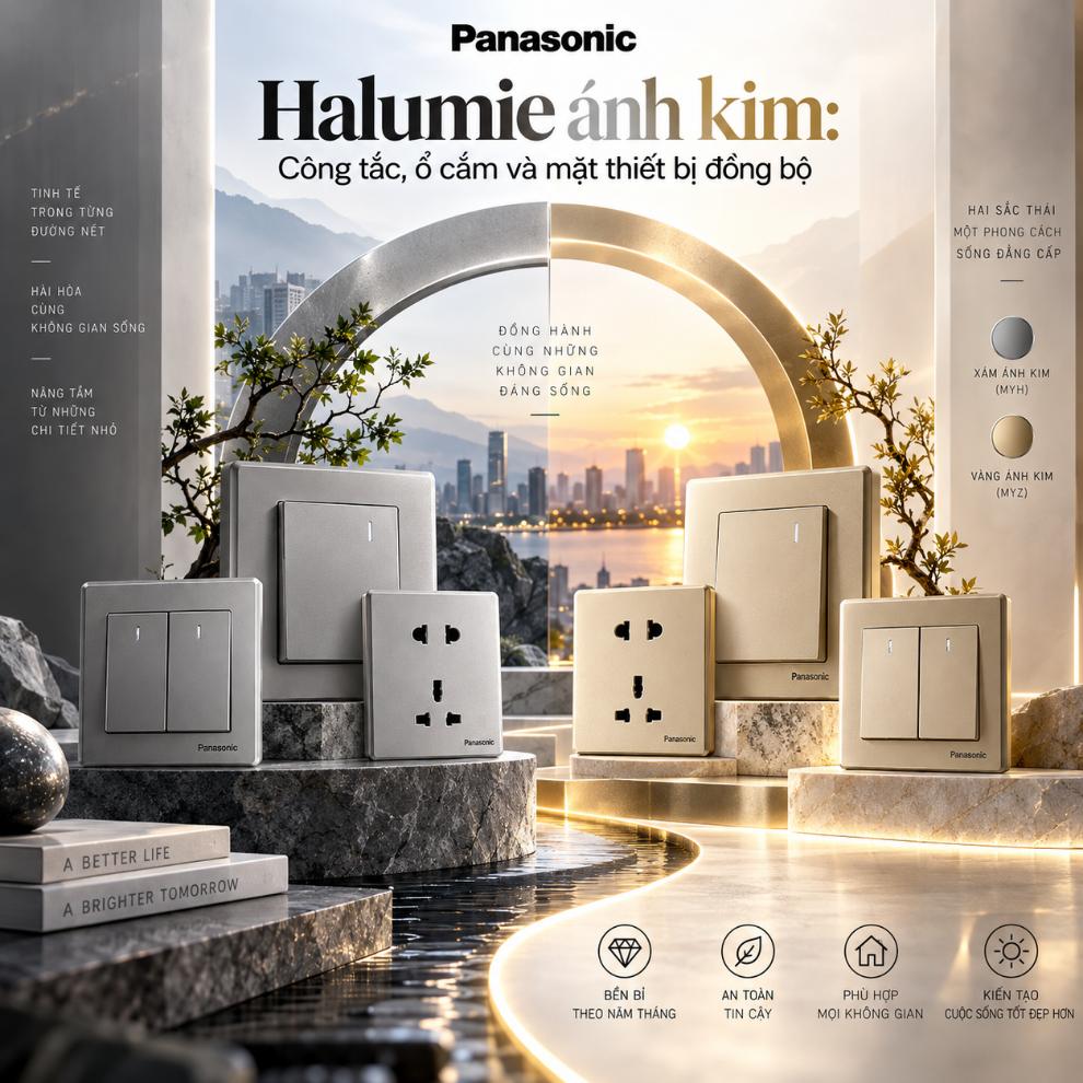 Panasonic Halumie ánh kim: Công tắc, ổ cắm và mặt thiết bị đồng bộ