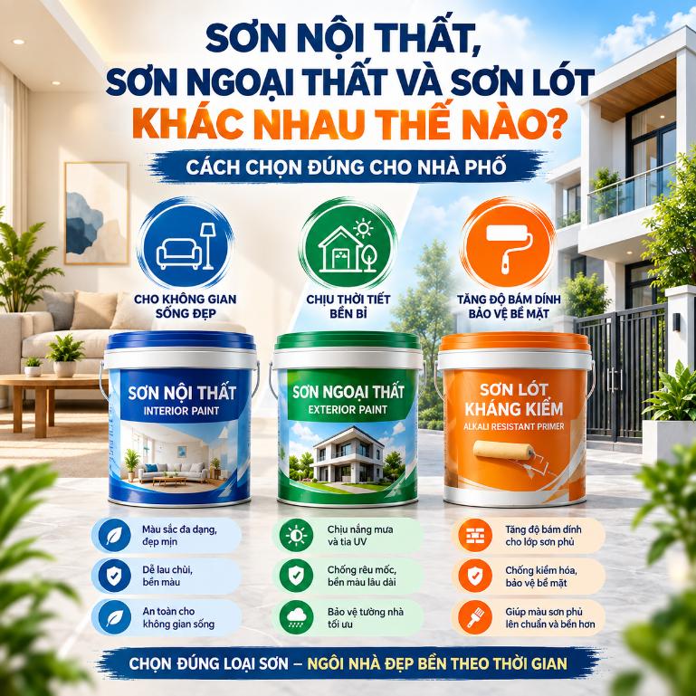 Sơn nội thất, sơn ngoại thất và sơn lót khác nhau thế nào? Cách chọn đúng cho nhà phố