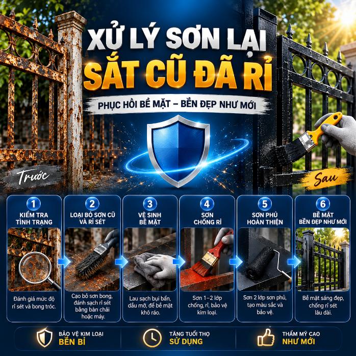 Xử lý sơn lại sắt cũ đã rỉ: Quy trình phục hồi bề mặt bền đẹp