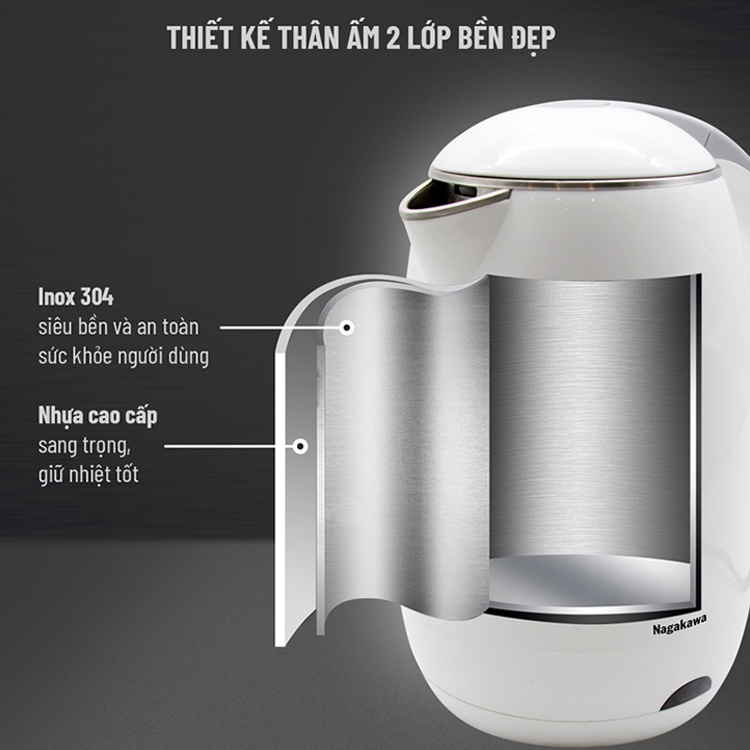 Ấm siêu tốc 2 lớp Nagakawa NAG0314 1.8 lít, ruột inox, tự ngắt