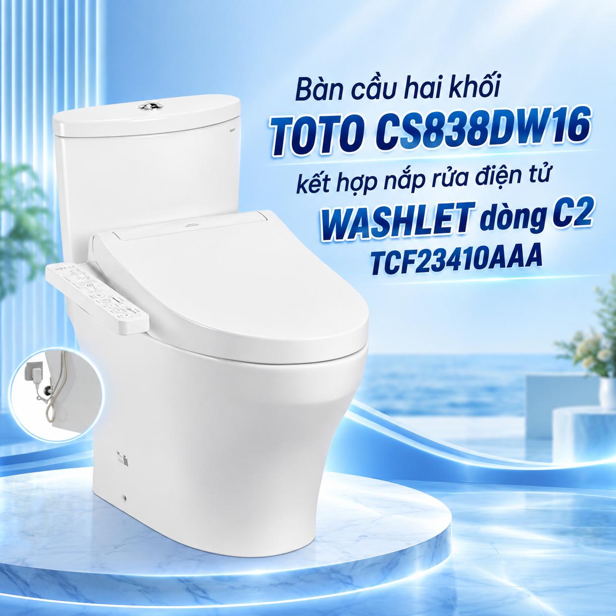 Bàn cầu hai khối TOTO CS838DW16 kết hợp nắp rửa điện tử WASHLET dòng C2 TCF23410AAA