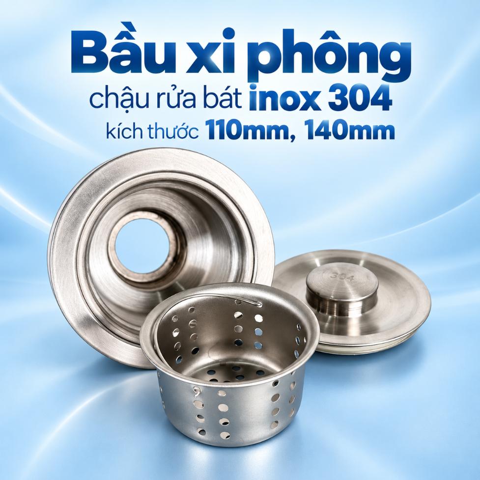 Bầu xi phông chậu rửa bát inox 110mm, 140mm