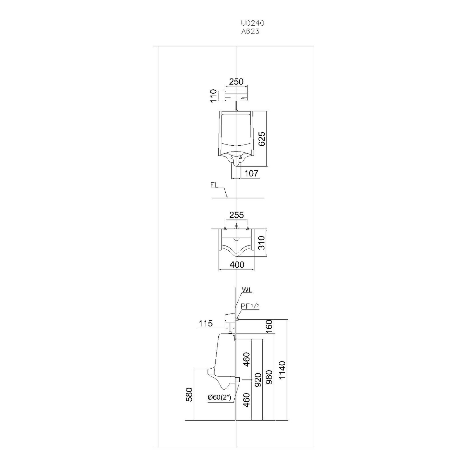Bệ tiểu nam (treo tường) Caesar U0240 + A623 – 310 x 400 x 625mm chính hãng, bảo hành 24 tháng