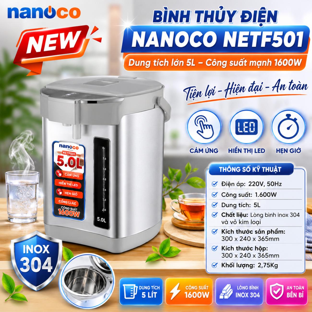 Bình thủy điện Nanoco NETF501 5L màu xám