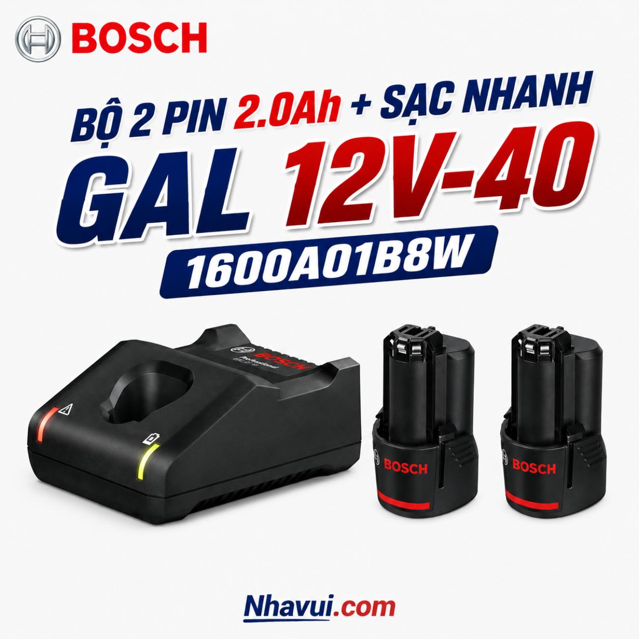 Bộ 2 pin Bosch GBA 12V 2.0Ah và sạc nhanh GAL 12V-40 1600A01B8W