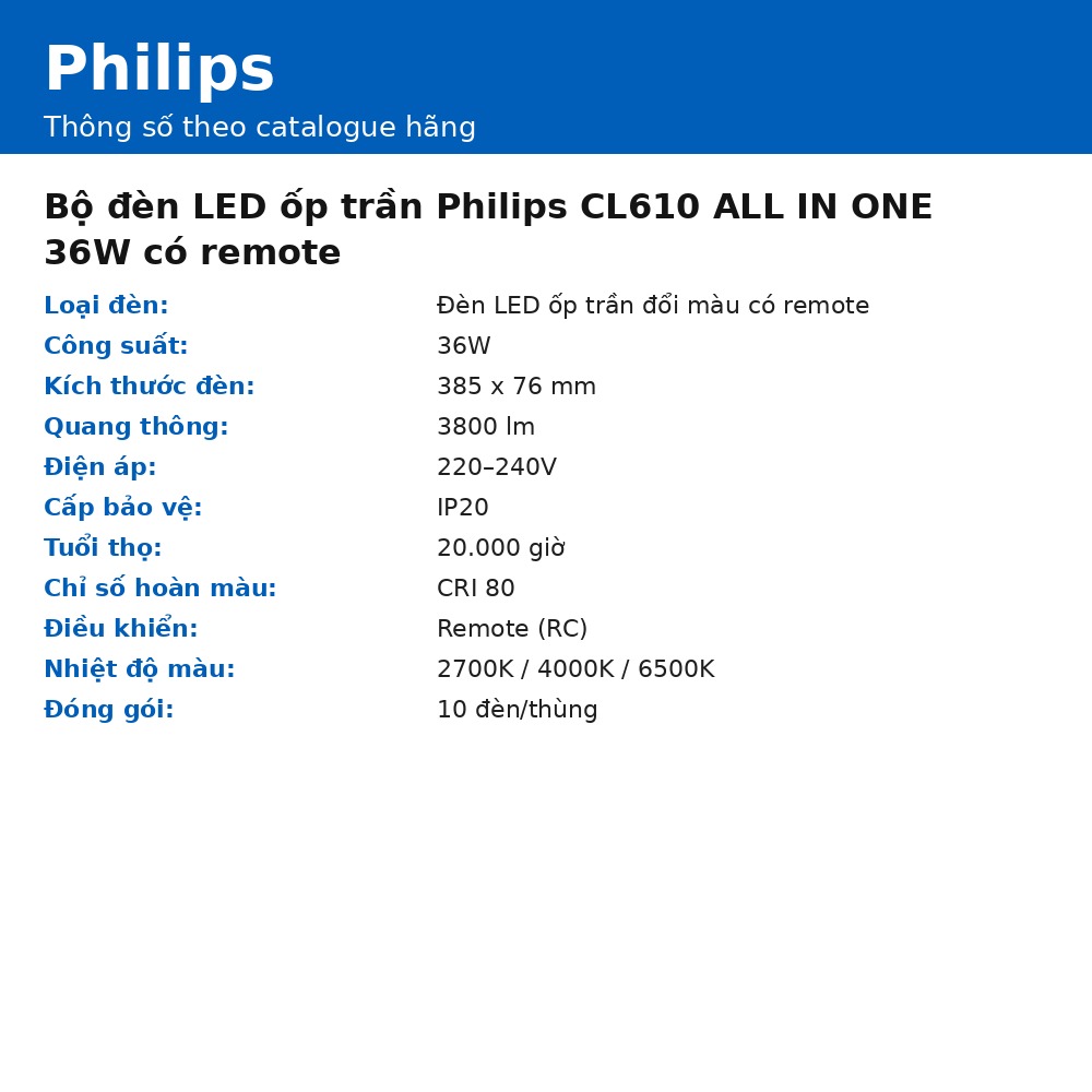 Bộ đèn LED ốp trần Philips CL610 ALL IN ONE 36W có remote chính hãng