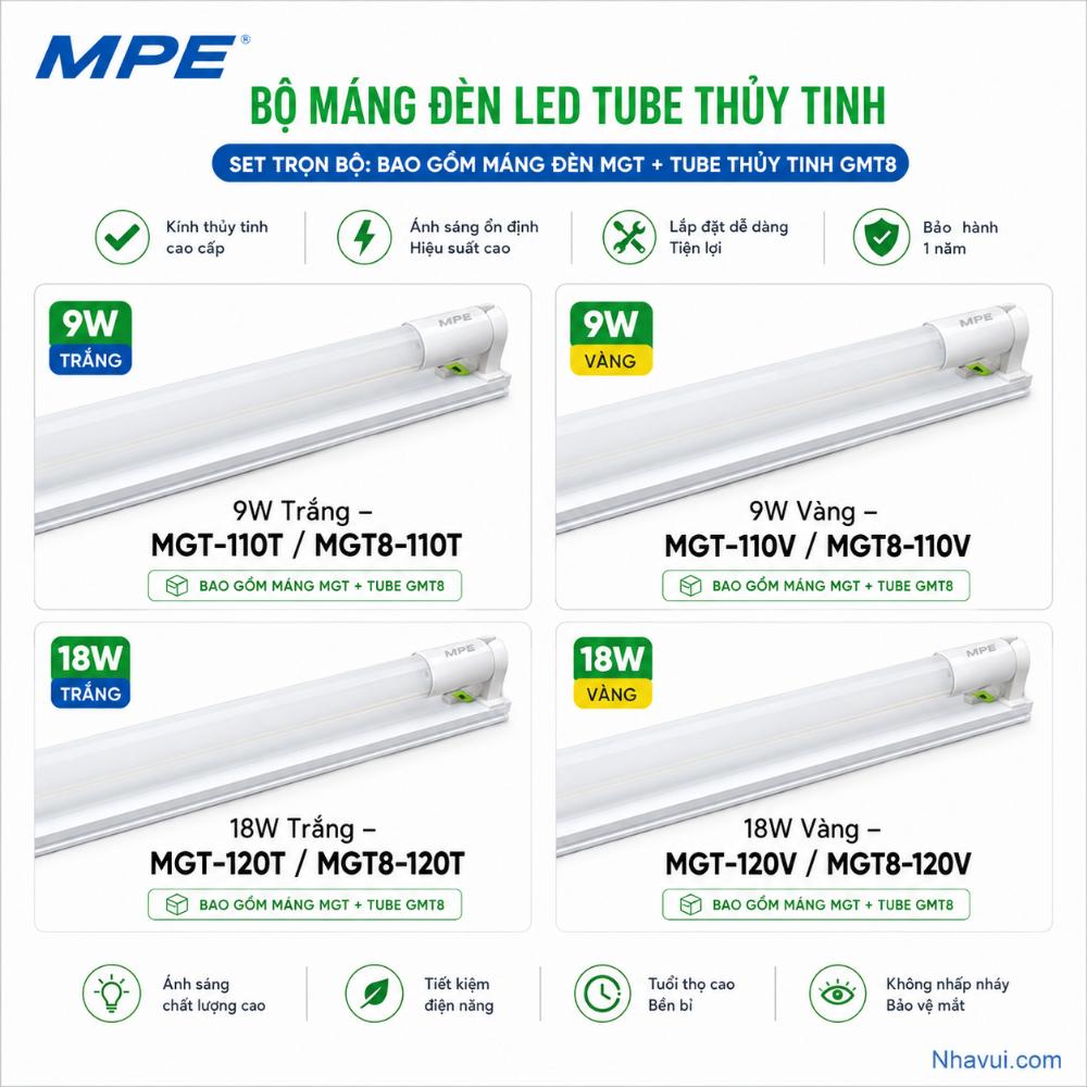 Bộ đèn LED tuýp thủy tinh MPE MGT kèm bóng GMT8 0.6m 1.2m