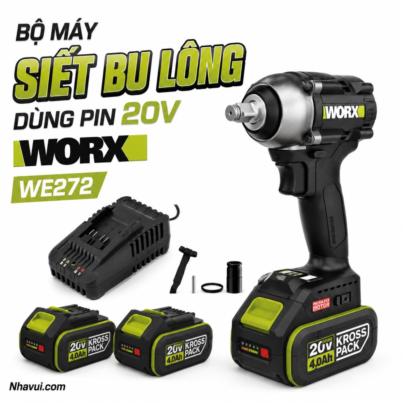 Bộ máy siết bu lông dùng pin 20V Worx WE272 (2 Pin 4.0Ah & Sạc)