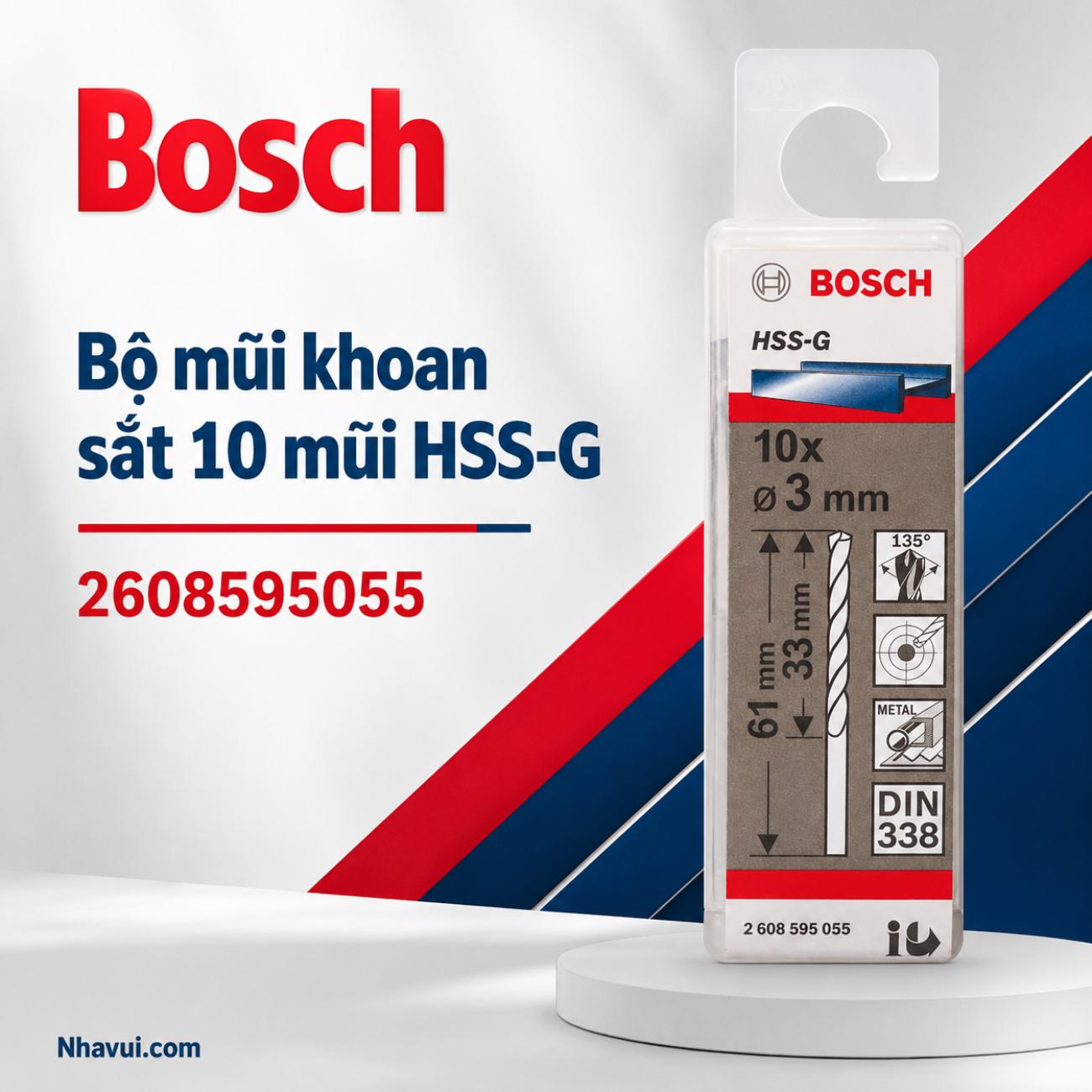 Bộ mũi khoan sắt 10 mũi HSS-G Bosch 2608595055 dài 3mm