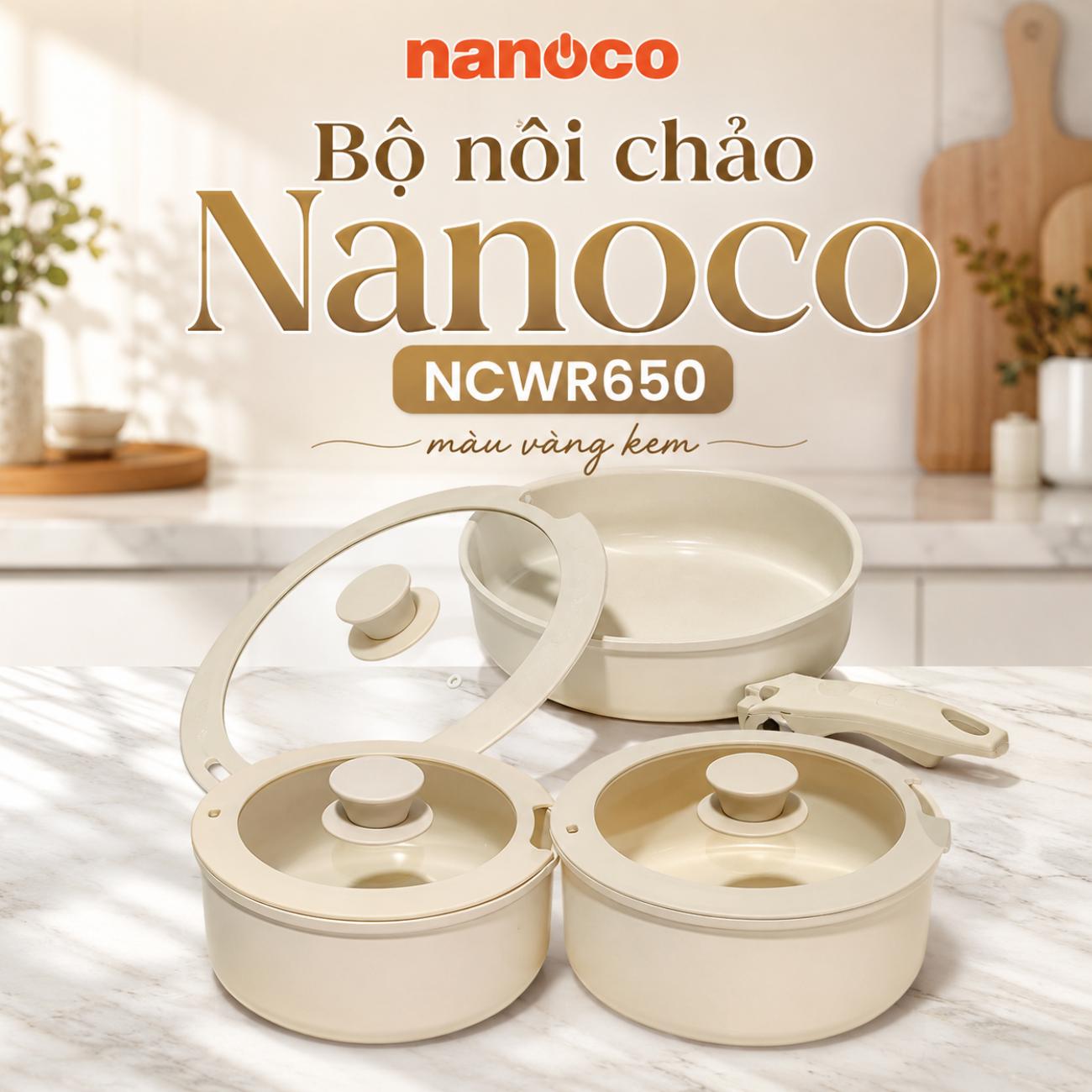Bộ nồi chảo Nanoco NCWR650 màu vàng kem