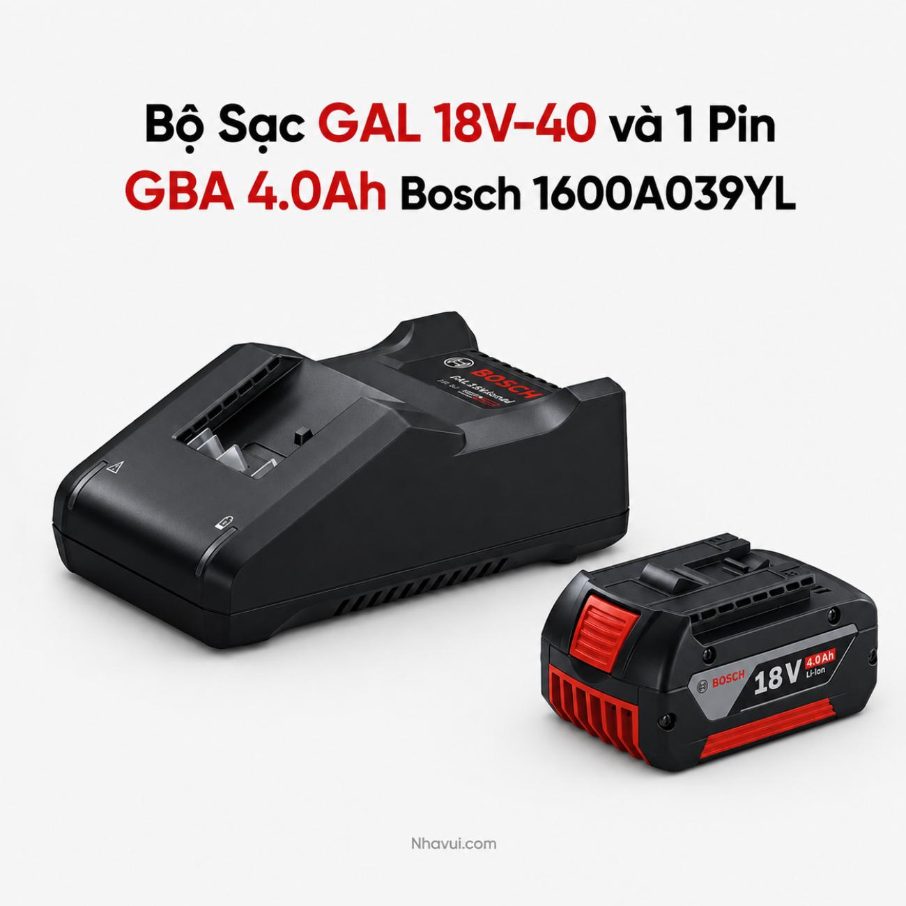 Bộ sạc Bosch GAL 18V-40 và pin GBA 18V 4.0Ah 1600A039YL