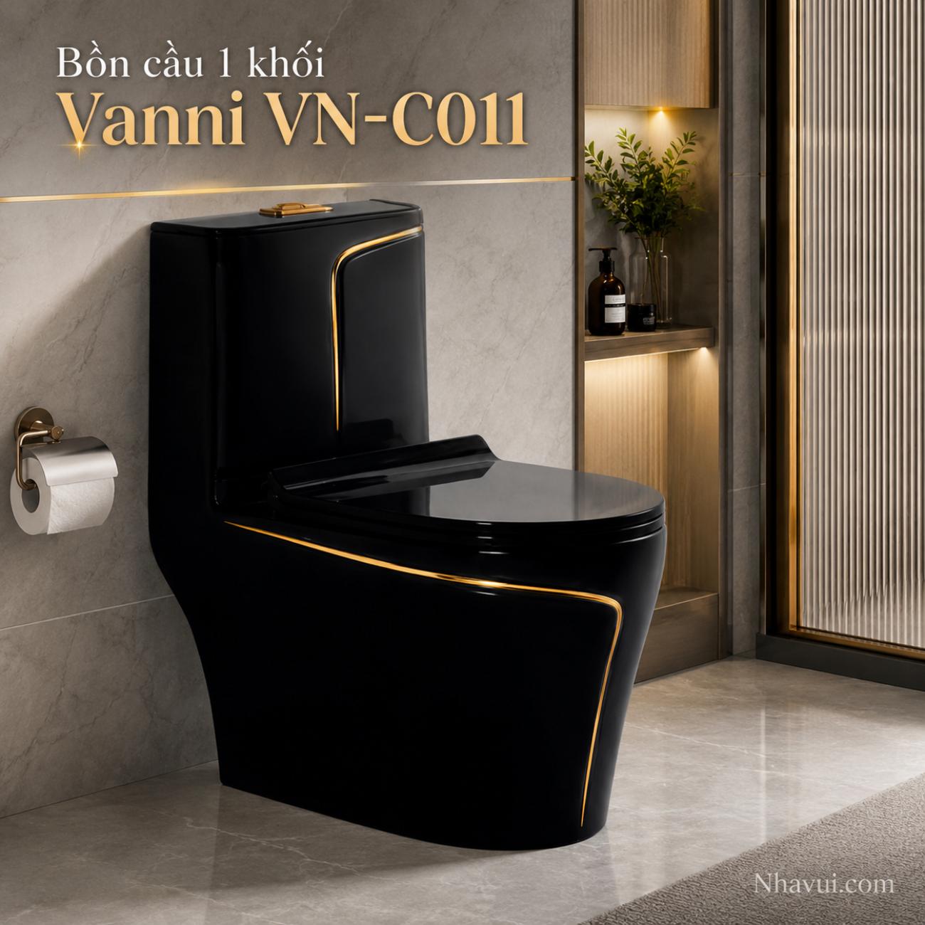 Bồn cầu 1 khối Vanni VN-C011 730x380x790mm tâm xả 300/400mm màu đen viền vàng
