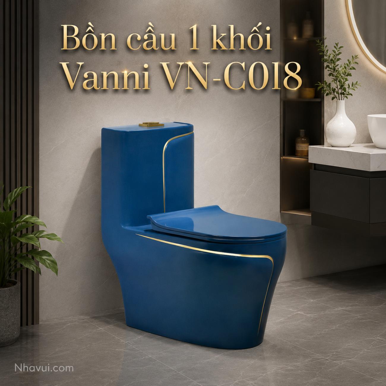 Bồn cầu 1 khối Vanni VN-C018 730x380x790mm tâm xả 300/400mm màu xanh viền vàng