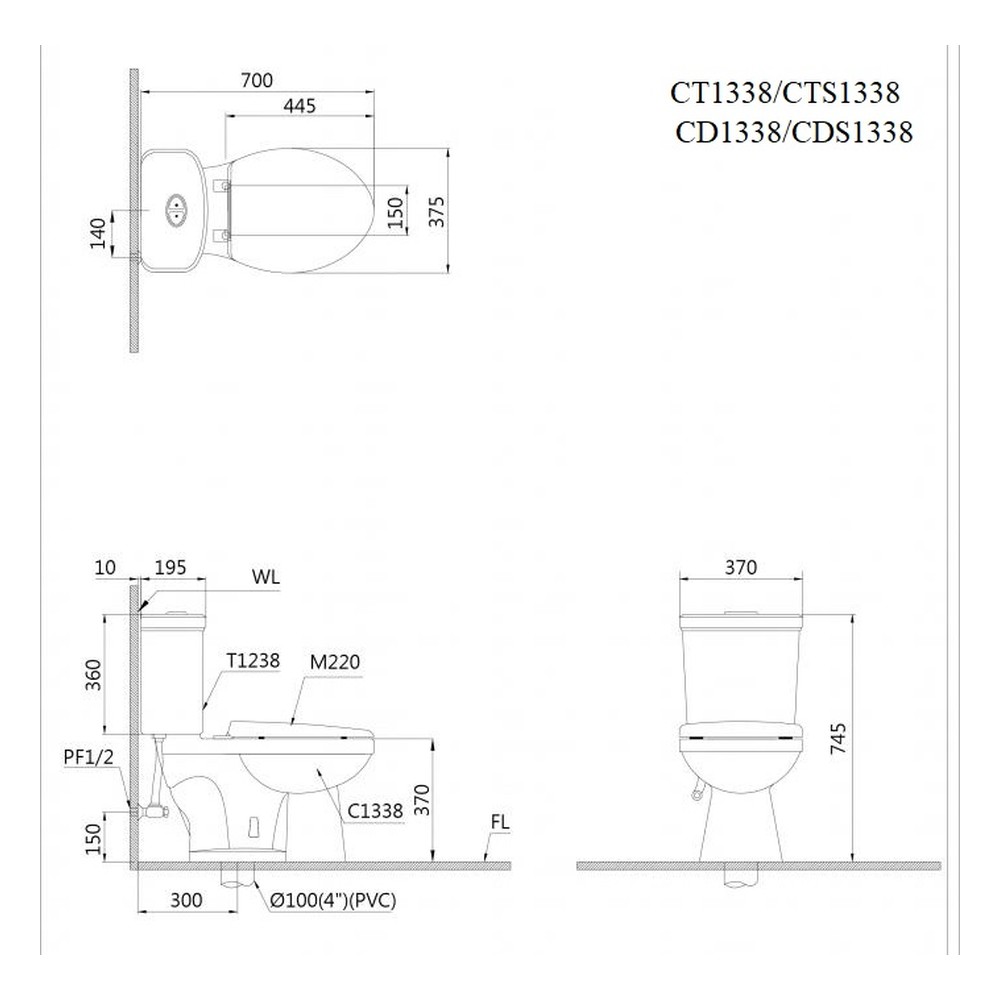 Bồn cầu hai khối Caesar CT1338 – 700 x 375 x 745mm chính hãng, bảo hành 24 tháng