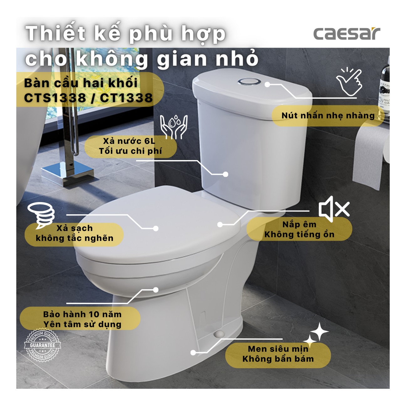 Bồn cầu hai khối Caesar CT1338 – 700 x 375 x 745mm chính hãng, bảo hành 24 tháng