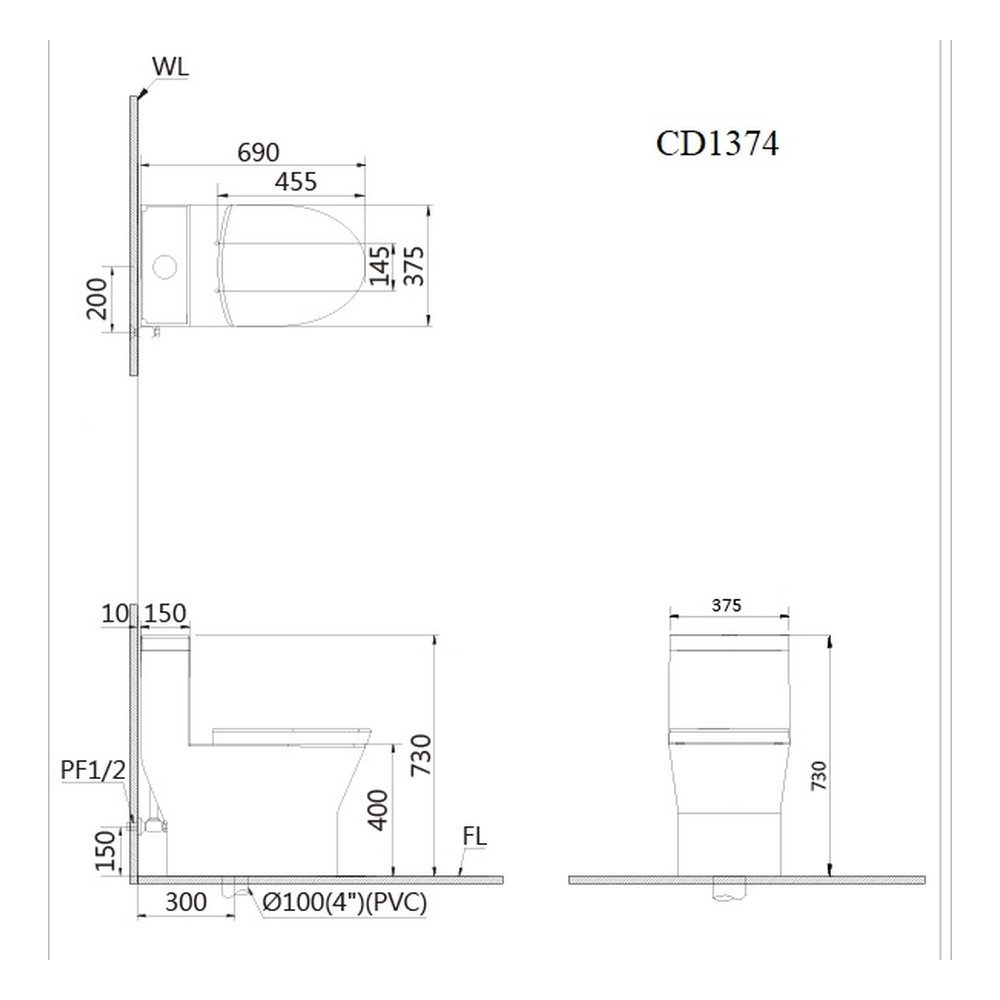 Bồn cầu một khối Caesar CD1374 – 690 x 375 x 730 mm chính hãng, bảo hành 24 tháng