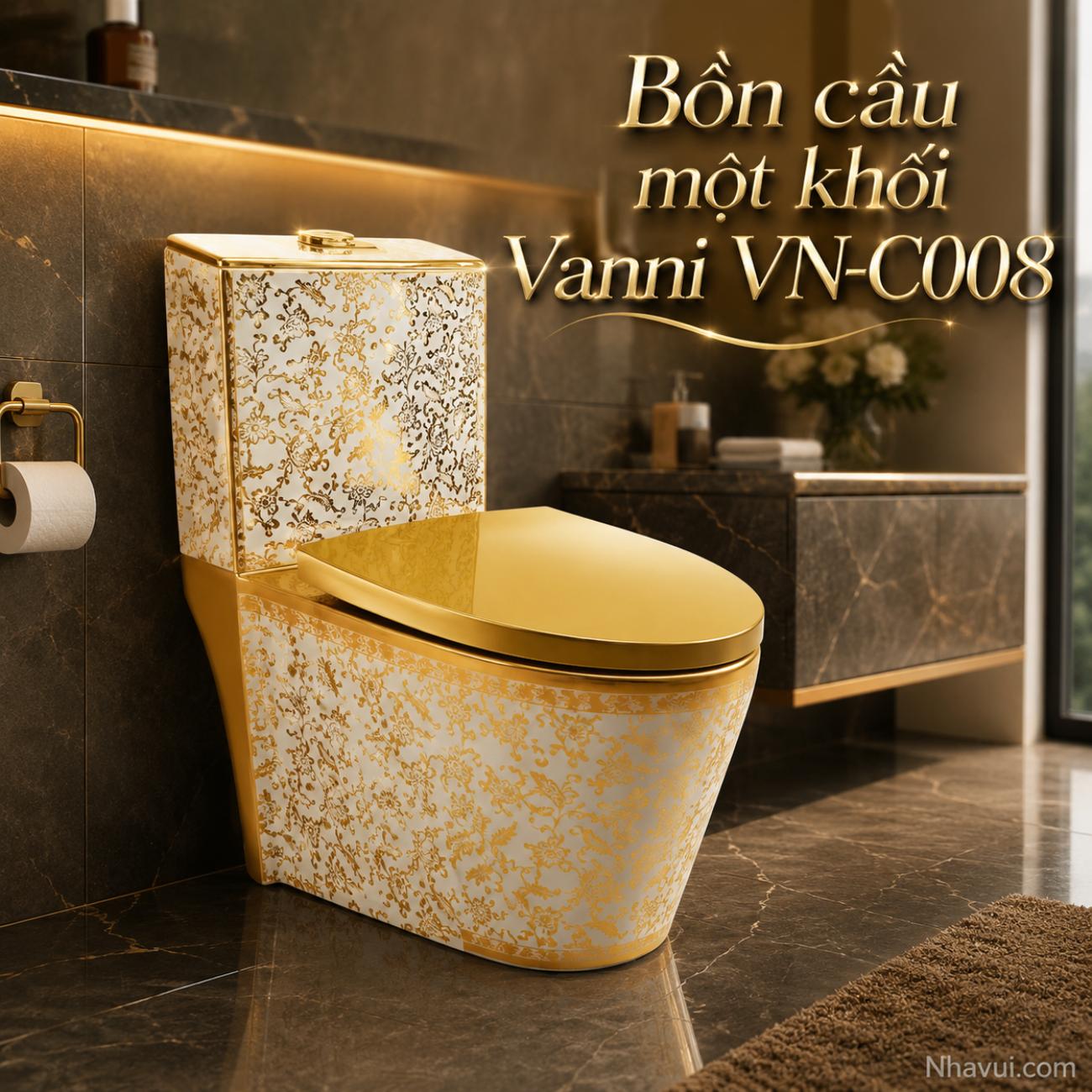 Bồn cầu một khối Vanni VN-C008 hoa văn vàng men tuyết phủ nano kháng khuẩn