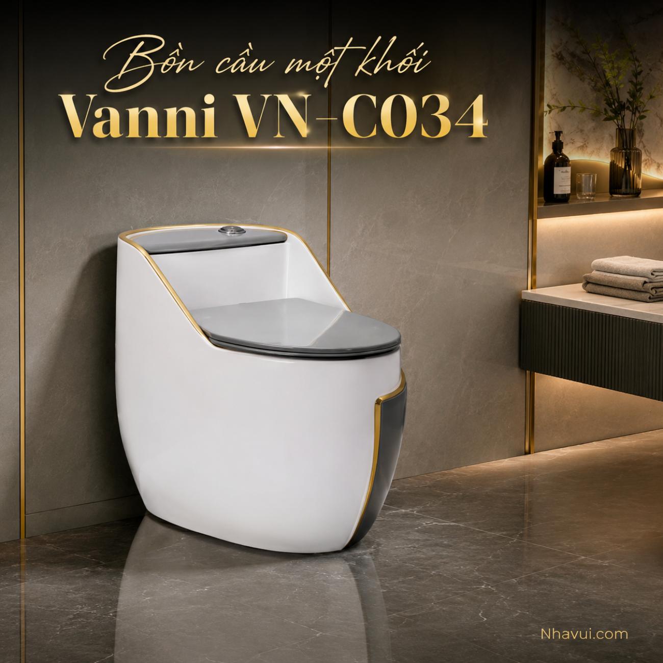 Bồn cầu một khối Vanni VN-C034 trắng viền vàng men tuyết phủ nano kháng khuẩn
