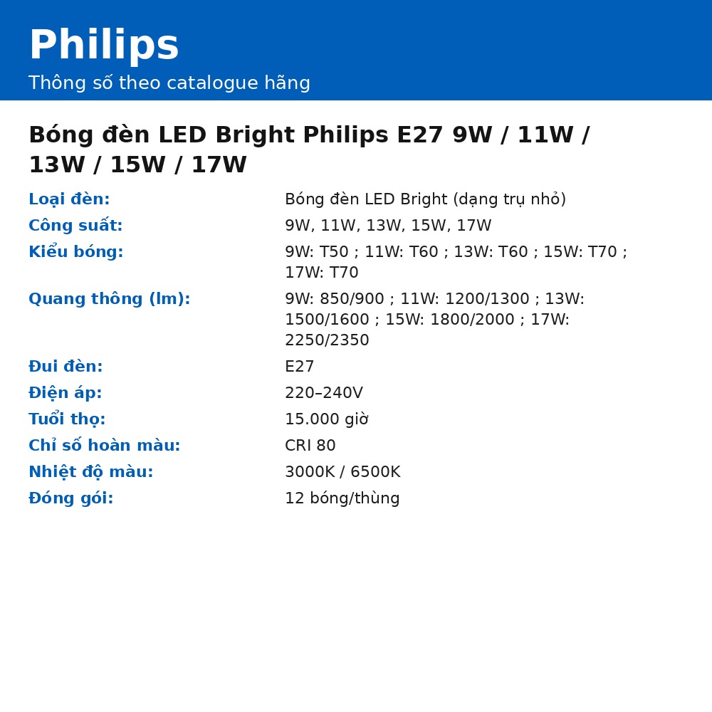 Bóng đèn LED Bright Philips E27 9W / 11W / 13W / 15W / 17W