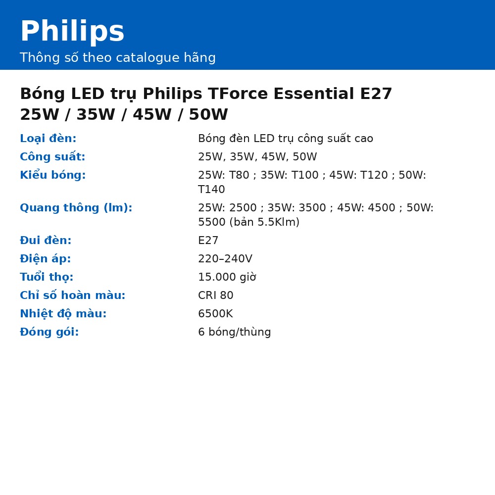 Bóng LED trụ Philips TForce Essential E27 25W / 35W / 45W / 50W