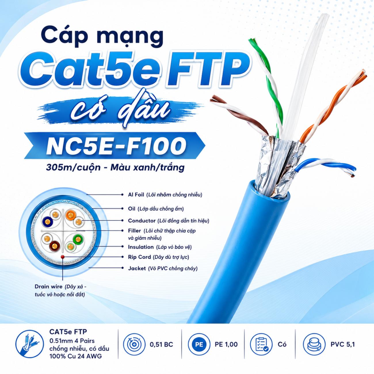 Cáp mạng Cat5e FTP có dầu NC5E-F100 305m màu xanh/trắng