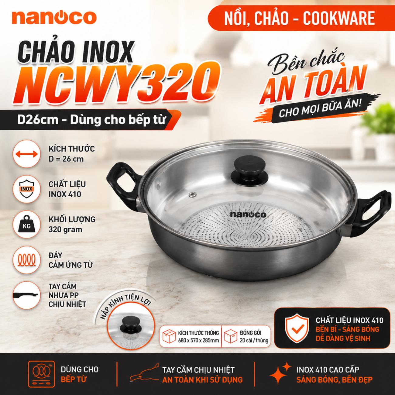 Chảo inox Nanoco NCWY320 D26cm có nắp