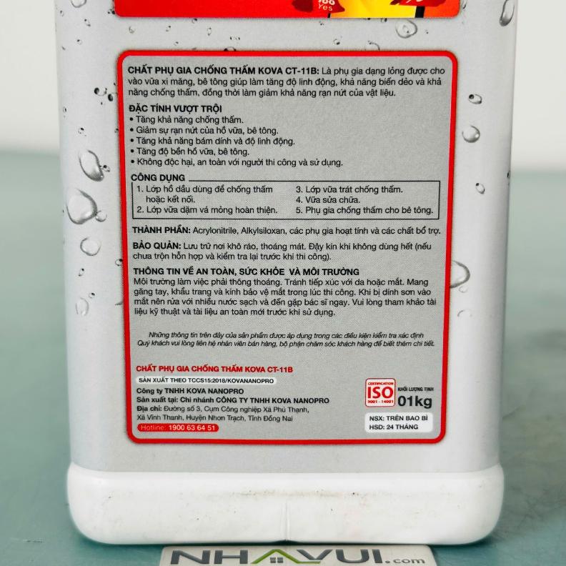 Chất phụ gia chống thấm KOVA CT-11B 1kg, 4kg Cho Vữa & Bê Tông