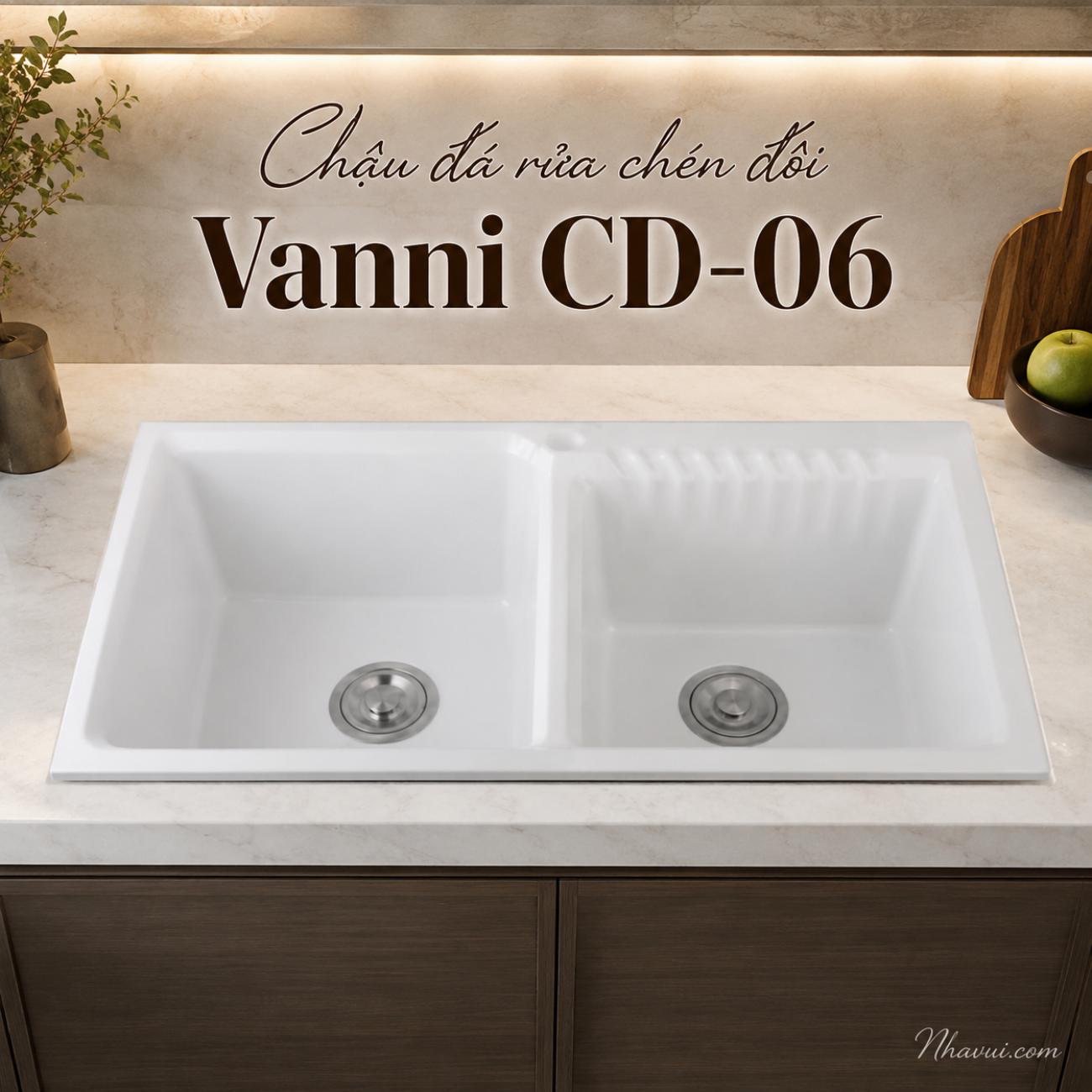 Chậu đá rửa chén đôi Vanni CD-06 850x470x220mm màu trắng