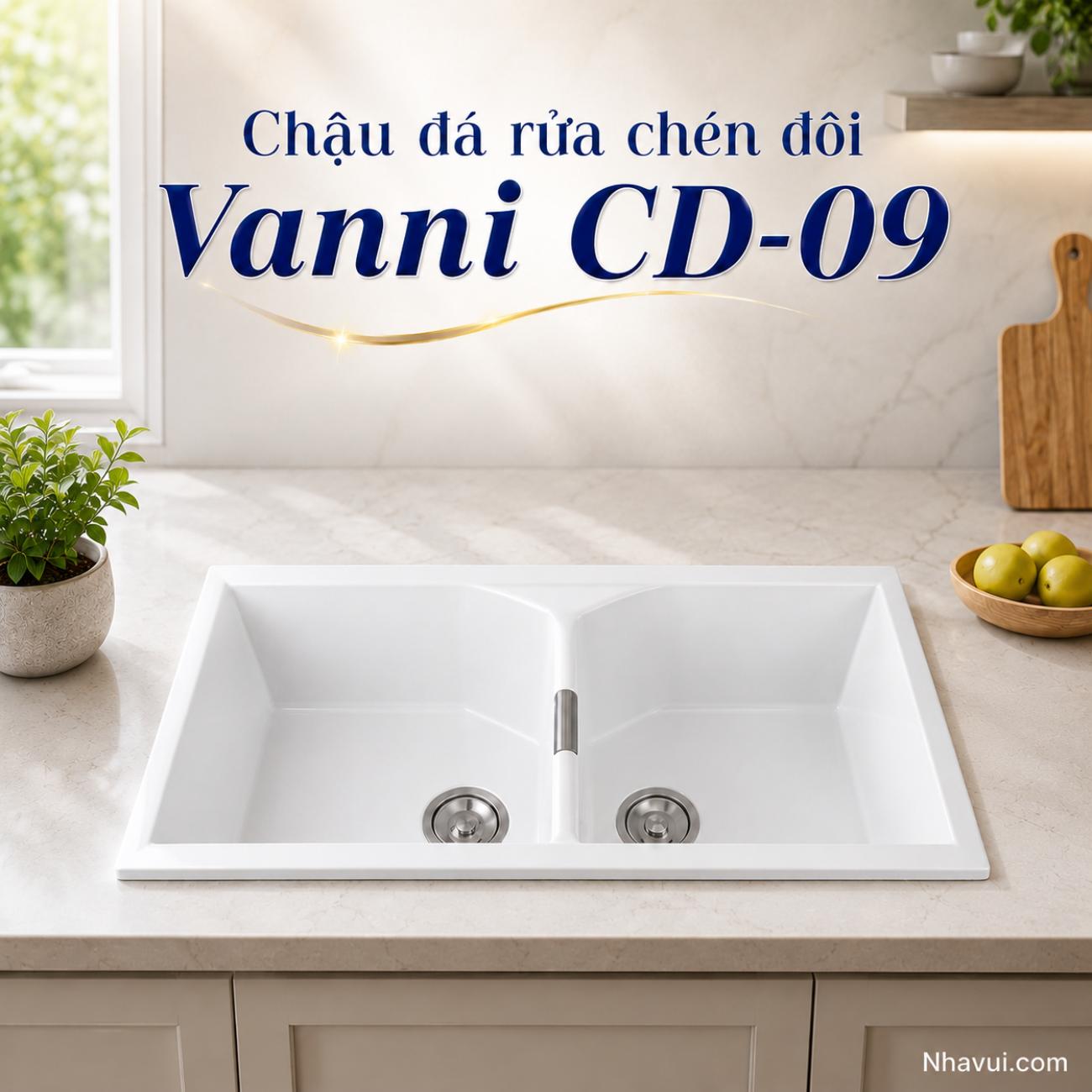 Chậu đá rửa chén đôi Vanni CD-09 985x480x220mm màu trắng