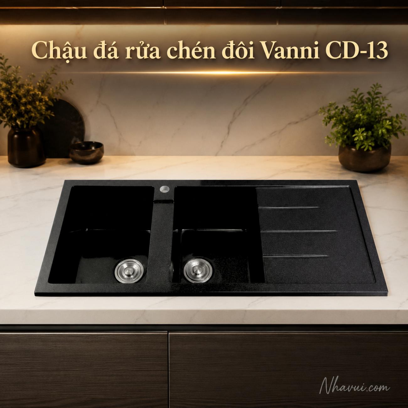 Chậu đá rửa chén đôi Vanni CD-13 1100x480x220mm màu đen
