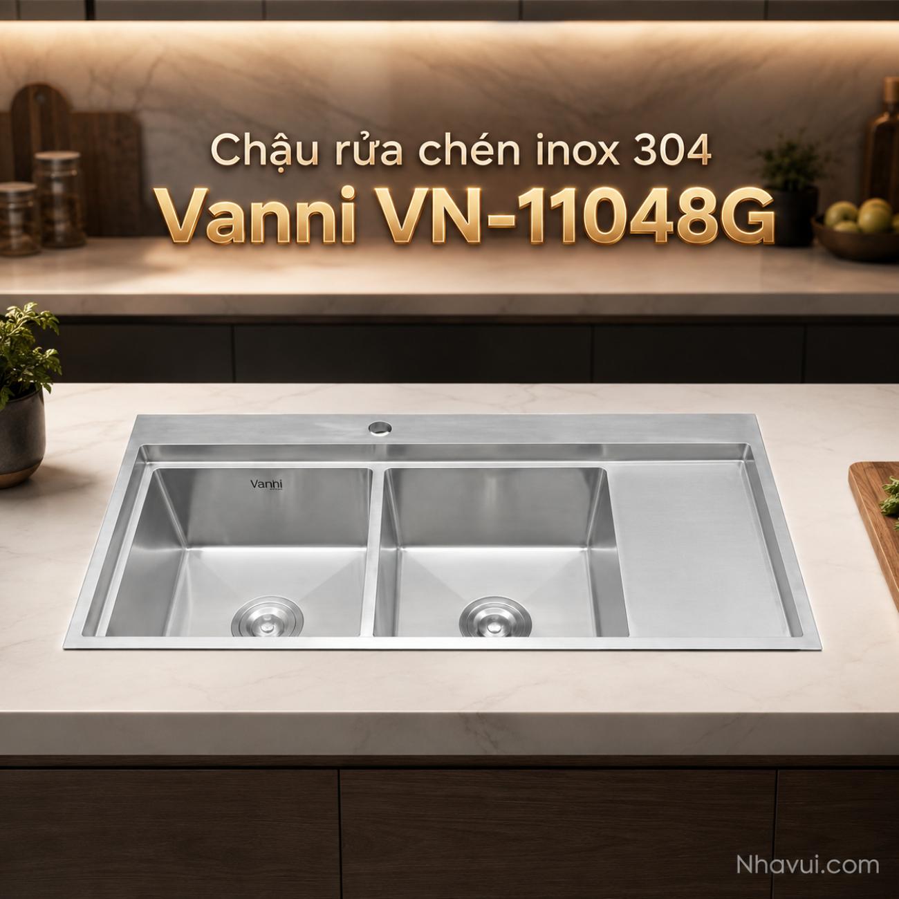 Chậu rửa chén inox 304 Vanni VN-11048G 2 hộc dày 3.5mm 1100x480x240mm