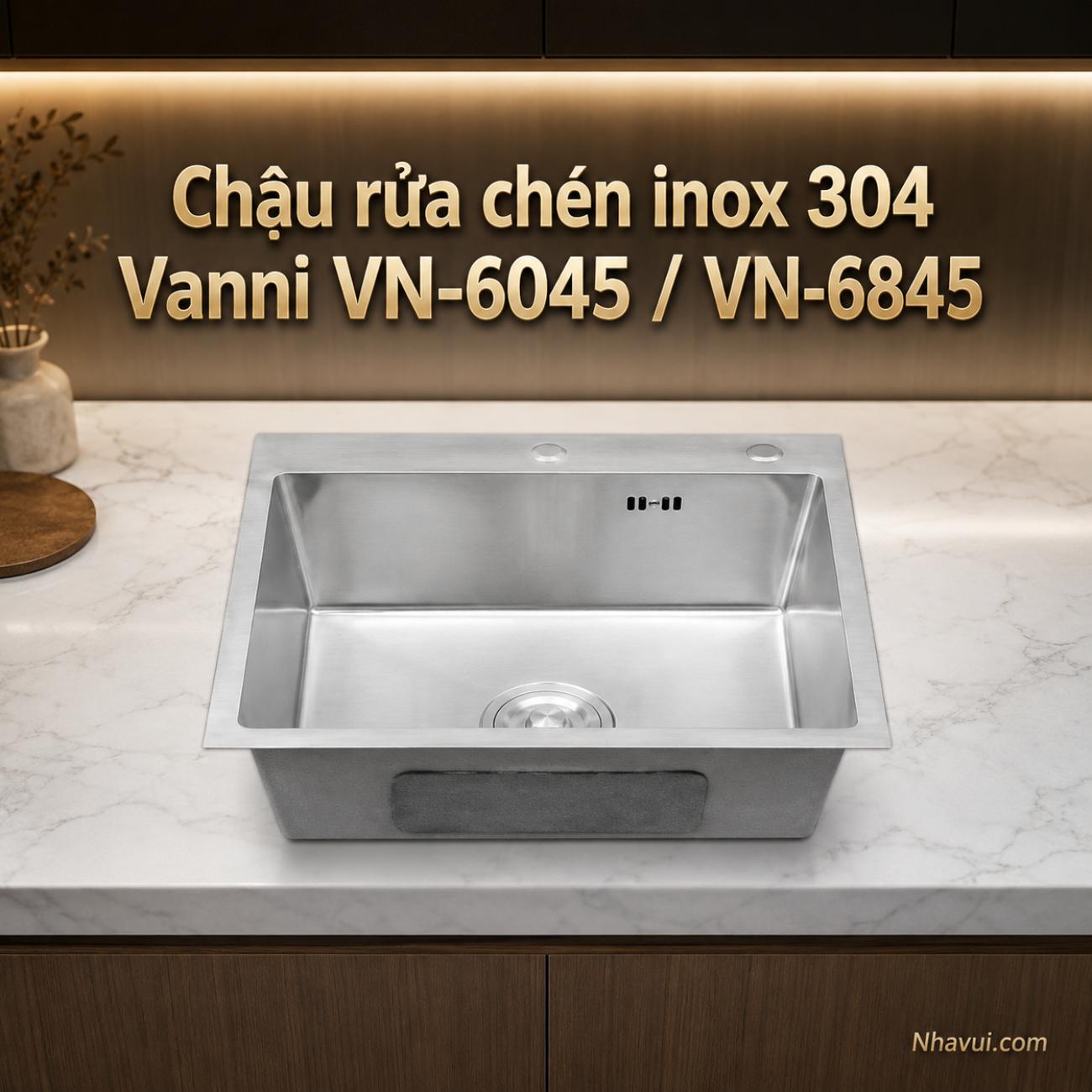 Chậu rửa chén inox 304 Vanni VN-6045 / VN-6845 1 hộc 600–680x450x230mm