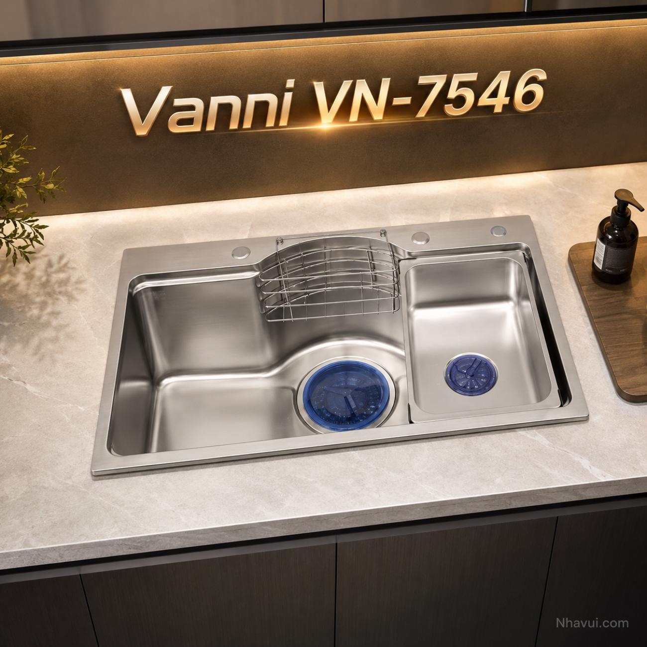 Chậu rửa chén inox 304 Vanni VN-7546 2 hộc 750x460x210mm