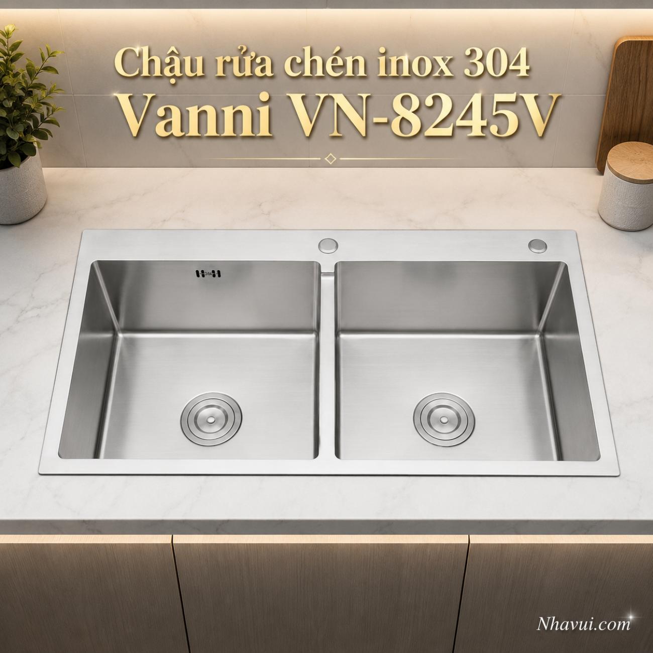 Chậu rửa chén inox 304 Vanni VN-8245V 2 hộc 820x450x230mm