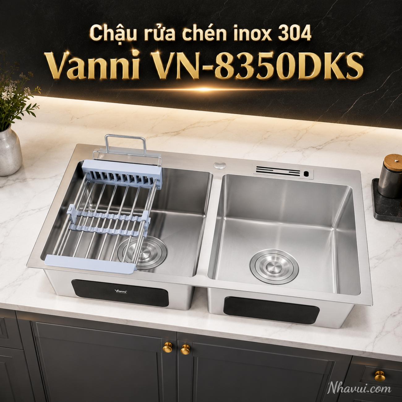 Chậu rửa chén inox 304 Vanni VN-8350DKS 2 hộc 830x500x230mm