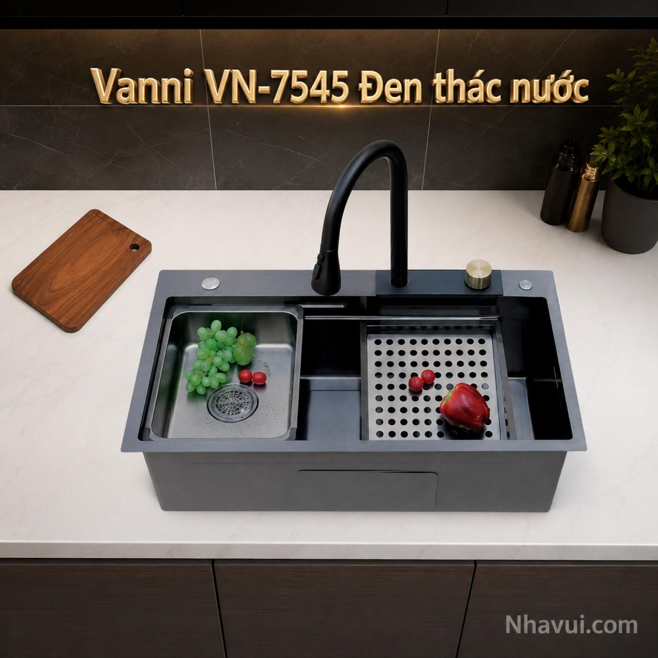 Chậu rửa chén thác nước Vanni VN-7545 Đen inox 304 750x450x230mm