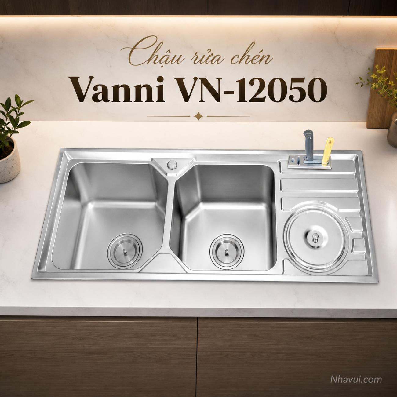 Chậu rửa chén Vanni VN-12050 inox 2 hộc có bàn phụ 1200x500x230mm