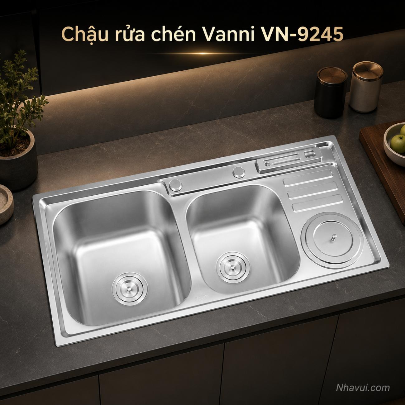 Chậu rửa chén Vanni VN-9245 inox 2 hộc có bàn phụ 920x450x230mm