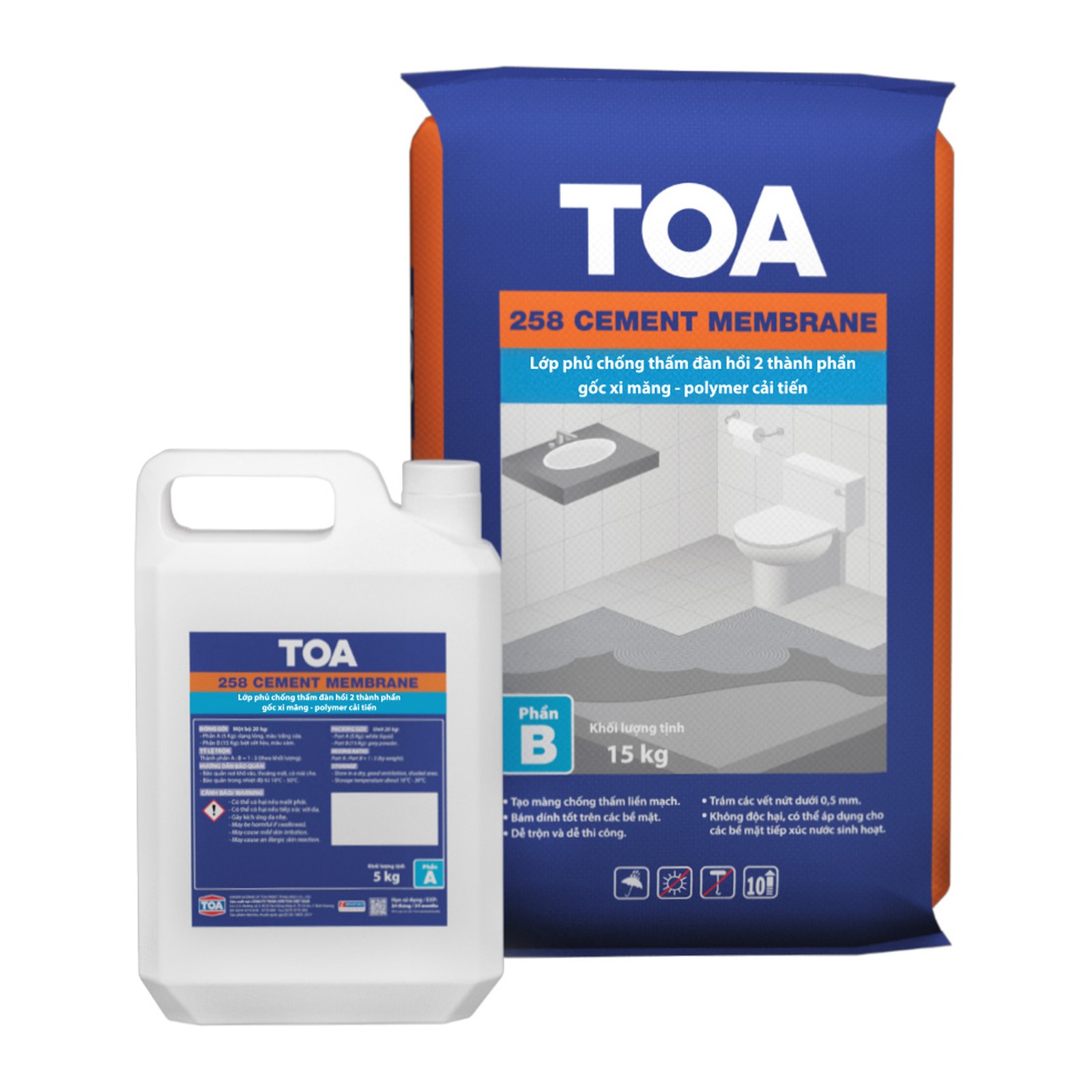 Chống thấm 2 thành phần gốc xi măng TOA 258 Cement Membrane chính hãng – Bộ 20 kg (phần A lỏng 5 kg + phần B bột 15 kg)