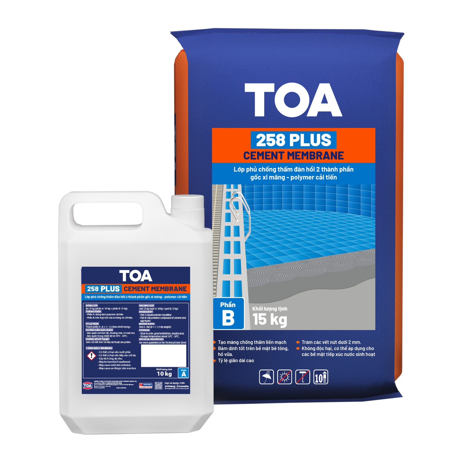 Chống thấm 2 thành phần gốc xi măng TOA 258 Plus Cement Membrane chính hãng – Bộ 25 kg (phần A: thùng nhựa 10 kg + phần B: bao 15 kg)