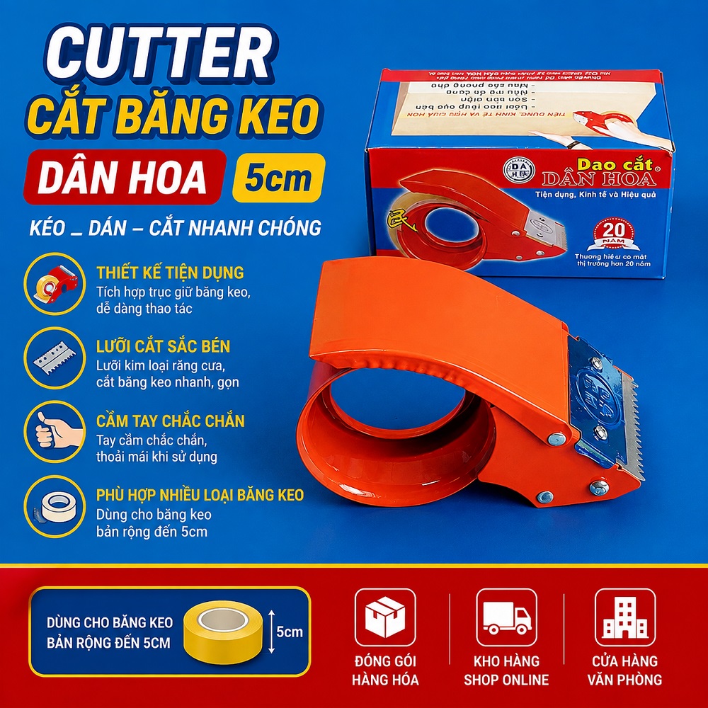 Cutter cắt băng keo Dân Hoa 5cm – Dao cắt băng keo dán thùng